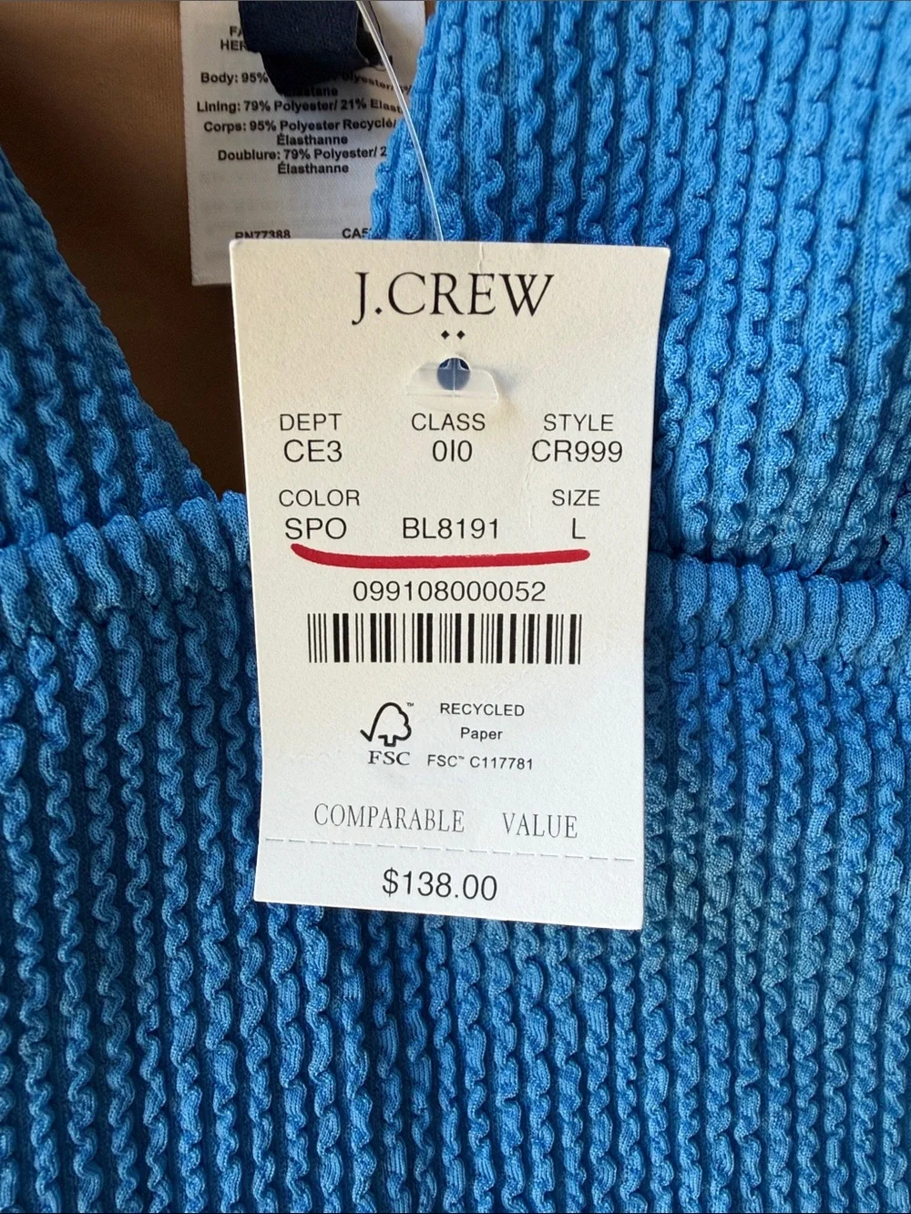 J. Crew Bright Blue Textured V-Neck One-Piece Swimsuit